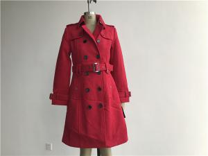 China Red Ladies Wool Coat , Melton Trench Coat With Self Fabric Belt / Contrast Plastic Button wholesale