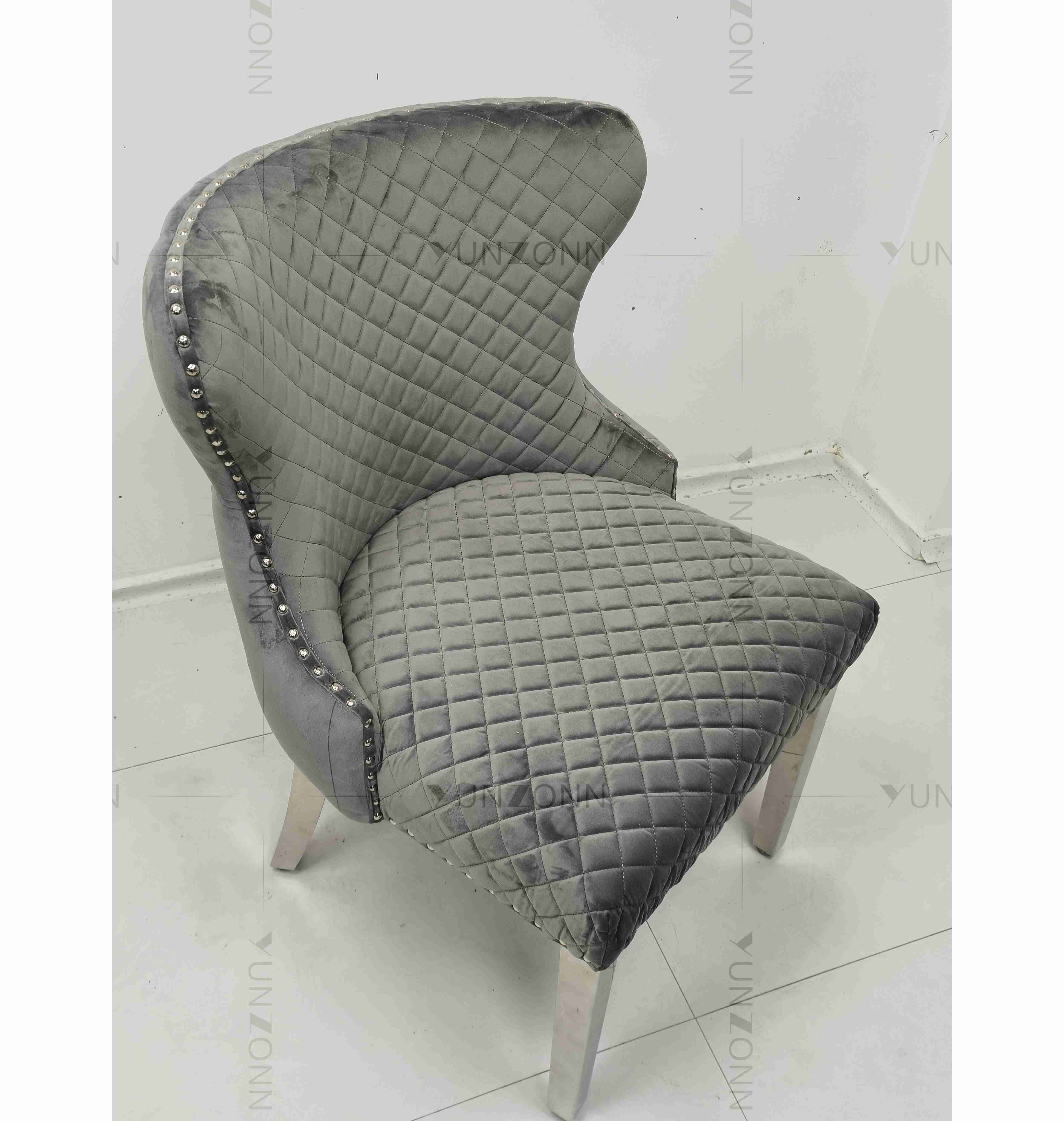 Gray Power Lion Buttoned Back Dining Chair Padded Dining Room Chairs Silver Stainless Steel Legs