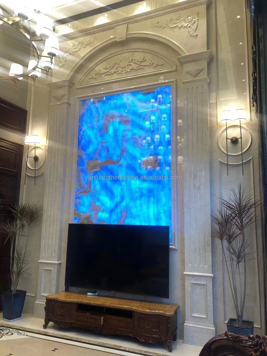 Natural Translucent Blue Onyx Stone Slab for TV Background Wall Panel in Golden Blue