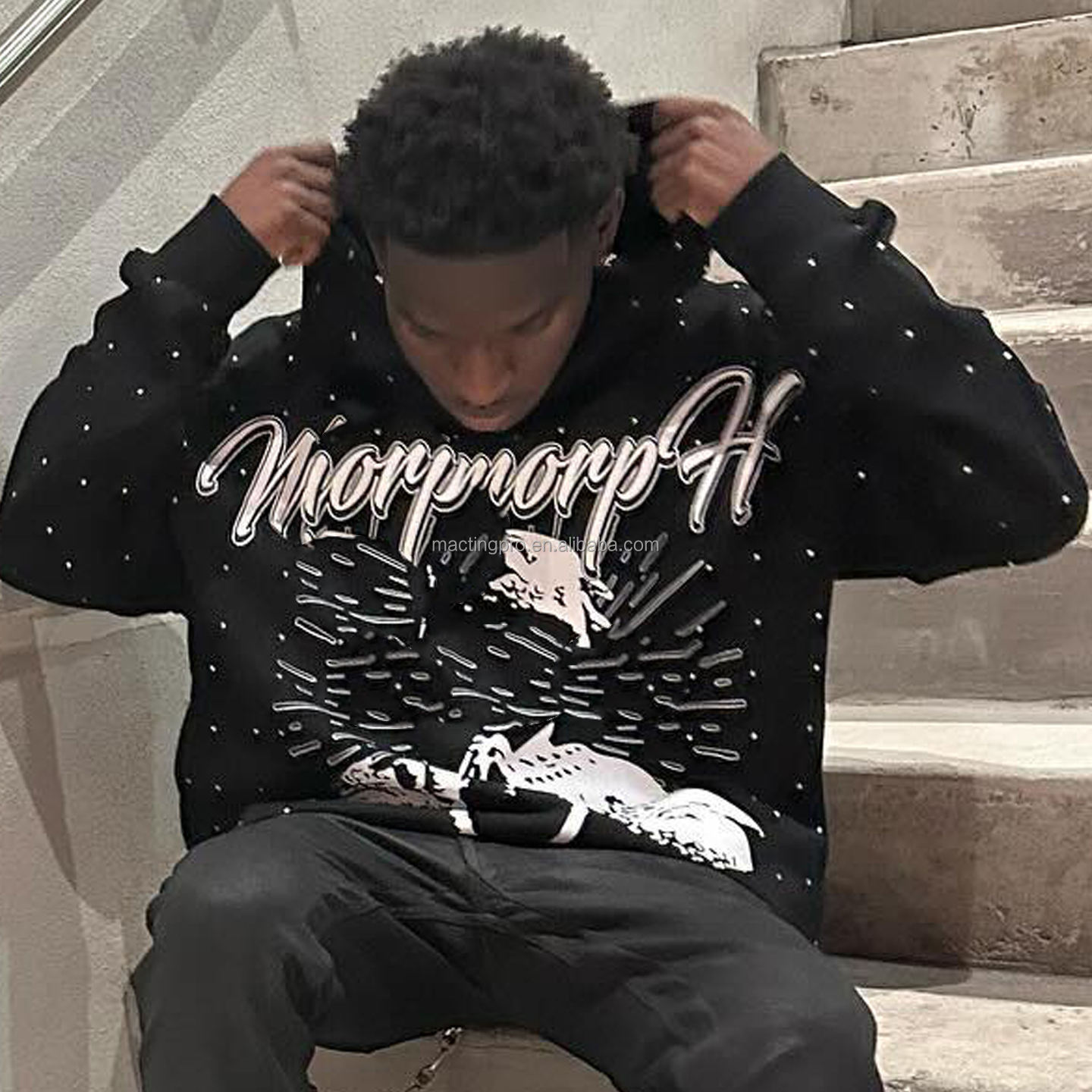 Customized Mens 300 gsm Lightweight Pullover Hooded Sweatshirt with Cut Edge Raw Hem