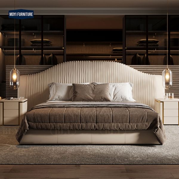 Mail Packing Modern Luxury King Size Bed Wide Headboard Gold Stainless Steel Fabric Bedroom Bed Set Designs Furniture