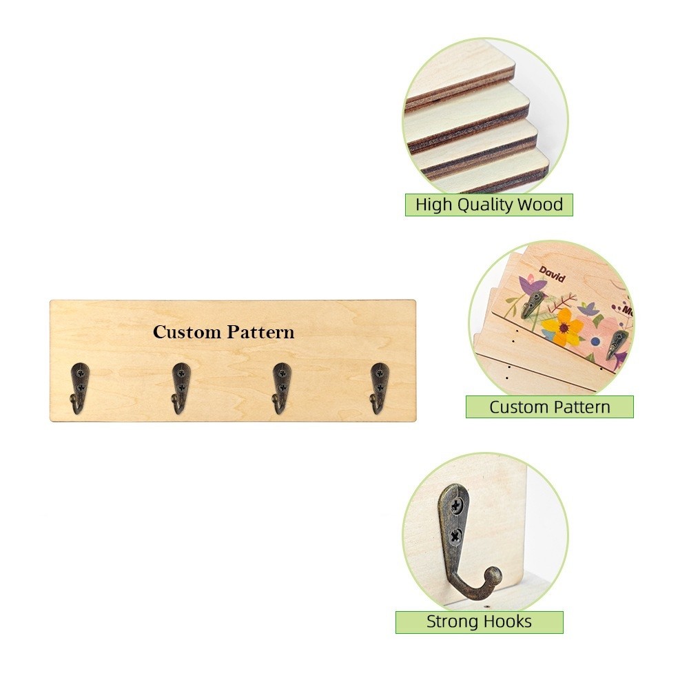 Simple Wall-Mounted Rectangular Sublimation Wooden Key Holder Board With Hooks For Sublimation Photo Printing