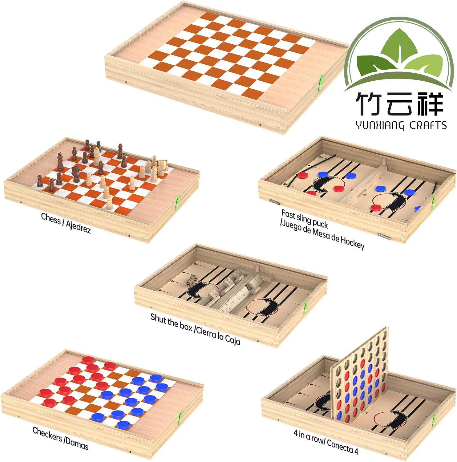 Wooden Board Game Set with Chess, Checkers, Shut The Box, Hockey Game Sling Puck, for Kids