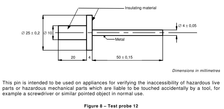 Long Cylindrical 50mm Length Pin IEC 61032 Test Probe 12