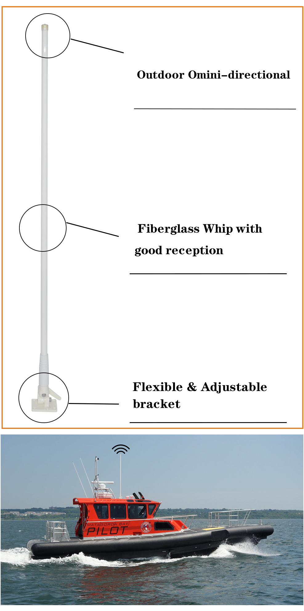 Fiberglass Whip 2400mm 6.5DBi Marine Cb Radio Antenna Sailboat Vhf Antenna