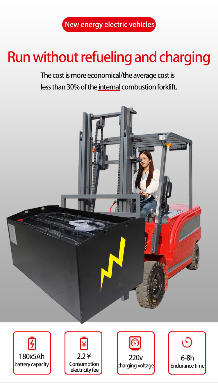 400Ah 48V Solid Tire 2.5 Ton Electric Forklift Triple Mast Type, Maximum Lifting Height 6 Meters