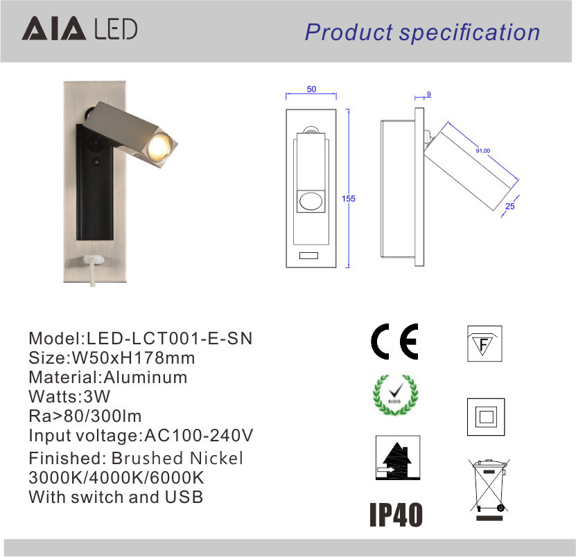 Hotel flat 2.1A 5V USB reading light flexible bedside wall lamp hotel bed headboard study bed wall light bedroom