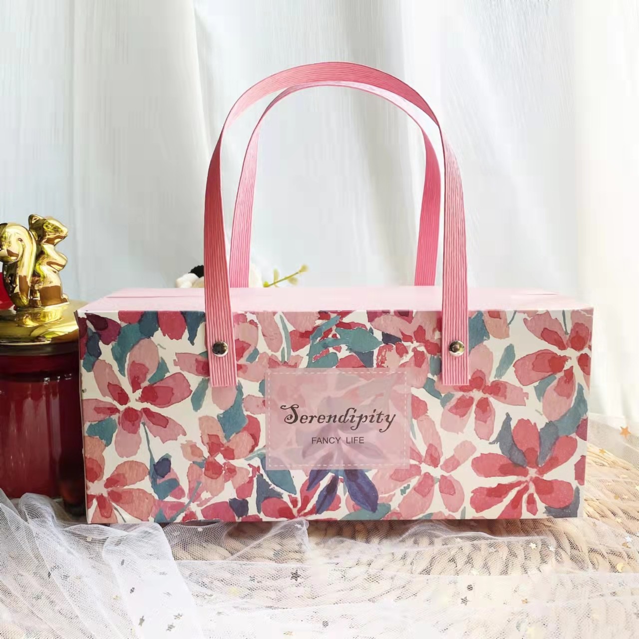 Ribbon Bow Floral Kraft Paper Shopping Bag Clothes Footwear Packaging Box
