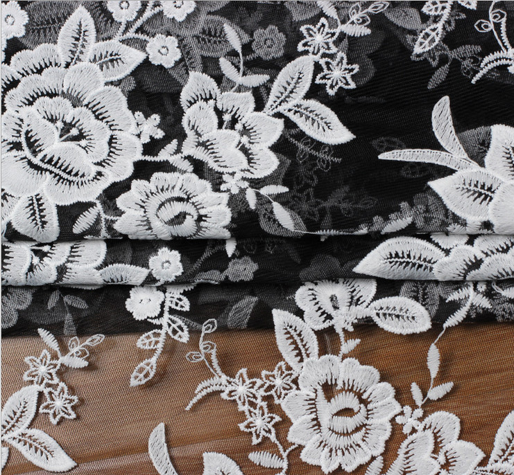 Mesh Embroidery Fabric Fashion Lace for Bridal Dress Black Ivory Double Color