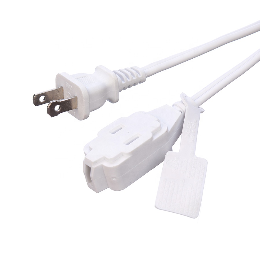 White ETL Standard 2 Pin Plug With 18 AWG Cable Nema 1-15p to 1-15r Male to Female Extension Cord with 13A Rated Current
