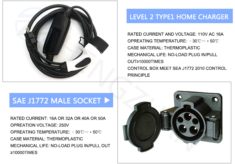 16A Type 1 EV Charging Cable Nema 14-50 Plug Level 2 Sae J1772