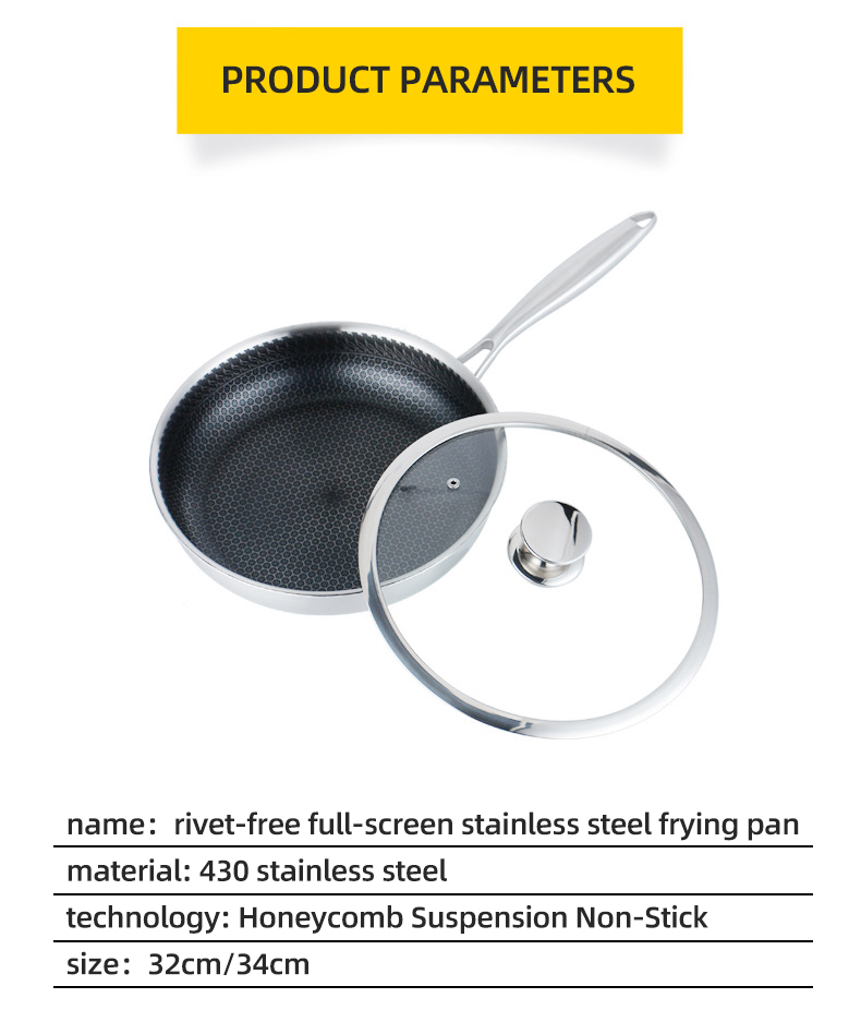 Custom Logo 304 Stainless Steel Frypan Non Stick Universal Oil Free With Glass Lid