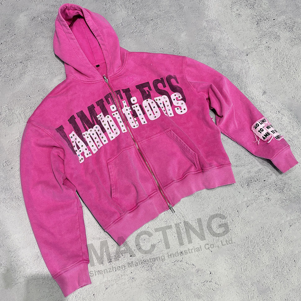 Custom Streetwear Vintage Washed Hoodie with 800 Grams Fabric Weight and Rhinestone