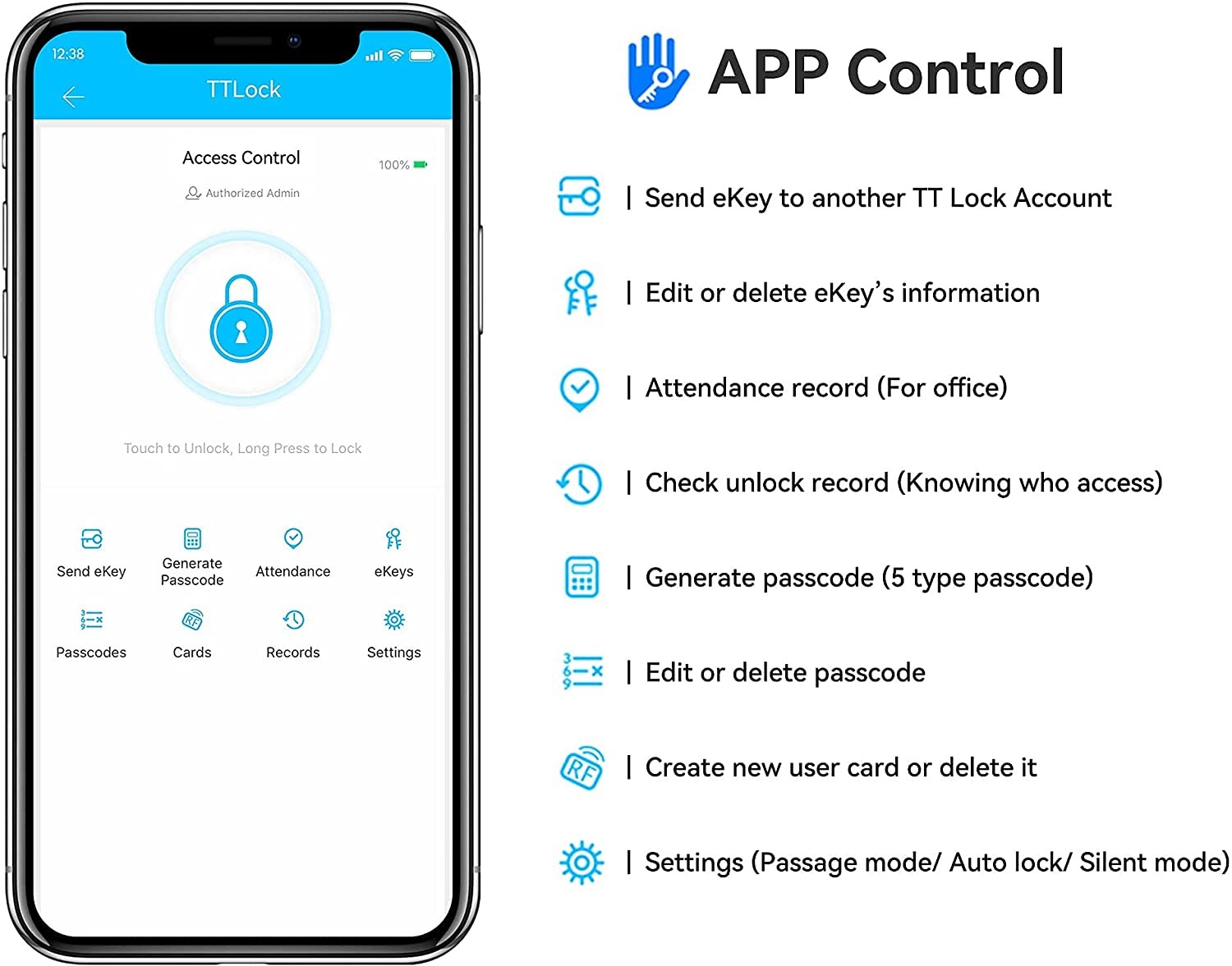 4 in 1 Password App Controlled Keyless Digital Door Lock with Touch Screen