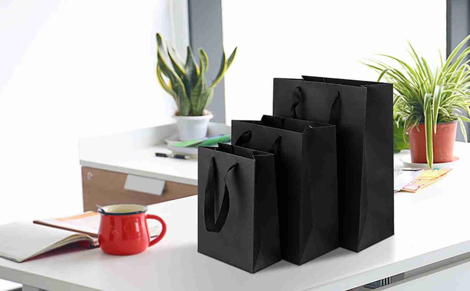 Recycled Black Kraft Paper Handmade Shopping Bags With Ribbon Handles