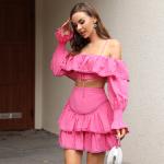 Flounce Sleeve Cold Shoulder Crop Tops Classy High Waist Tiered Mini Skirt
