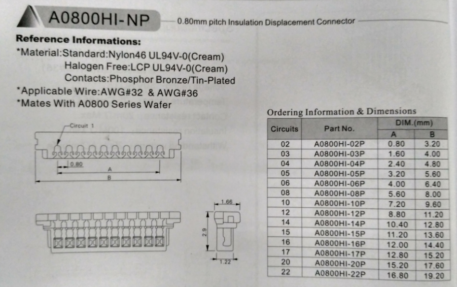 0.8mm pitch Insulation Displacement Connector SUR connector for AWG32#