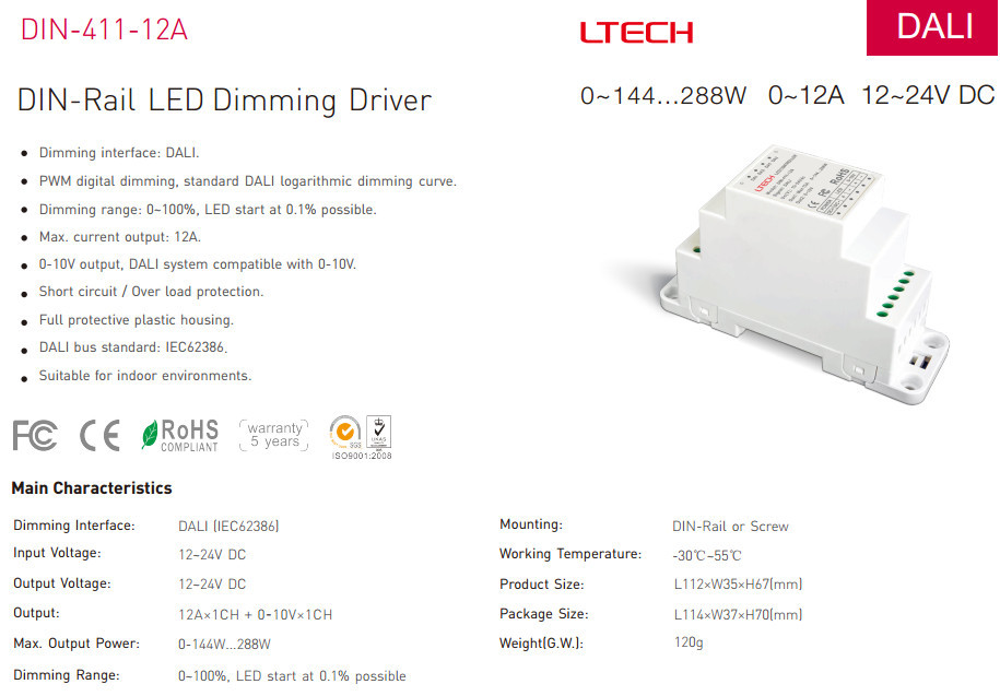 DALI Led Dimming Driver,12-24V 12A*1CH Constant Voltage Dali Low Voltage Driver