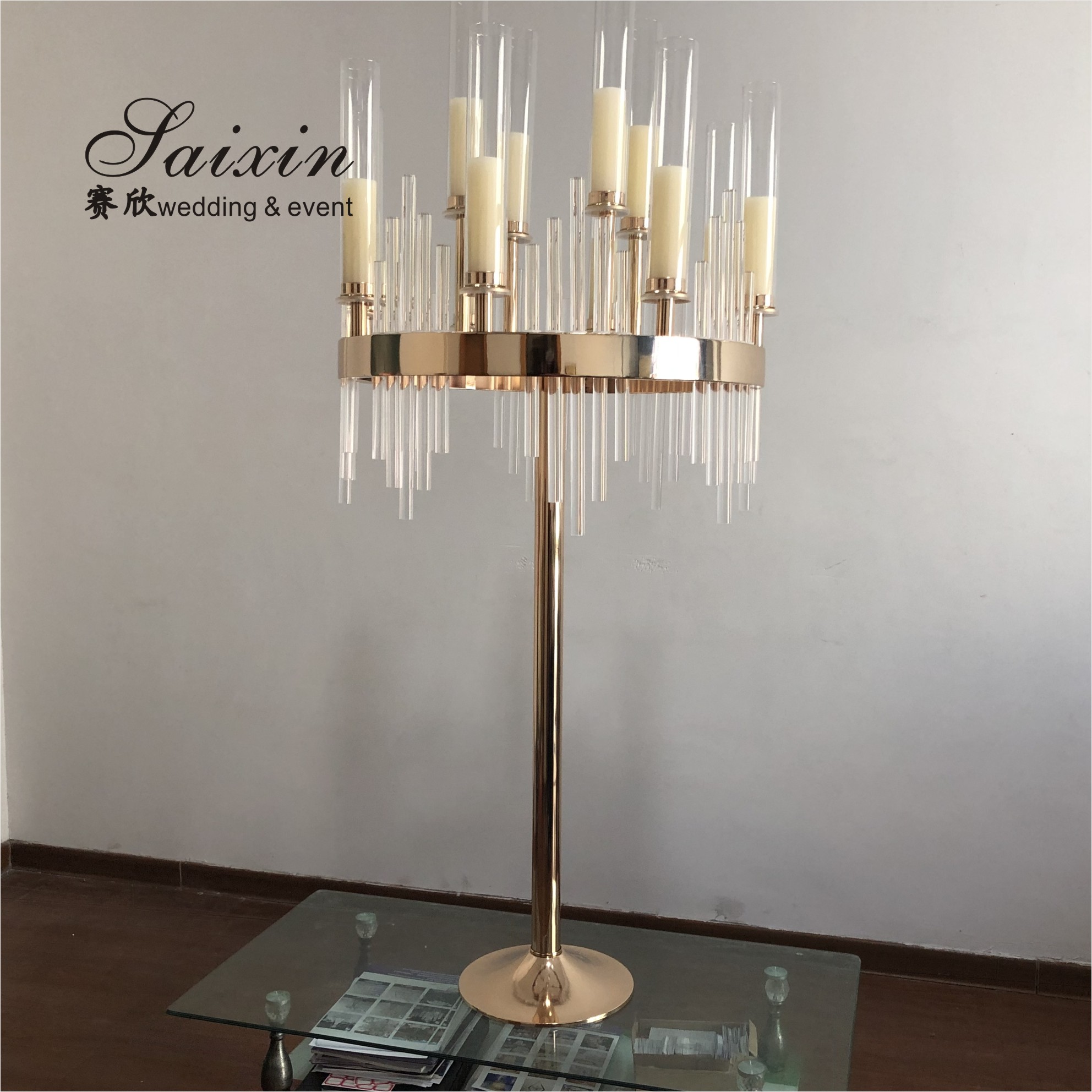 ZT-435 Beautiful large candelabra gold crystal candle holder for wedding table decoration