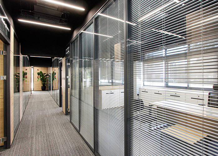 Office Glazed Wall Partition Metal Frame 3mm Aluminum With Steel Stable For Insulation Frameless Design