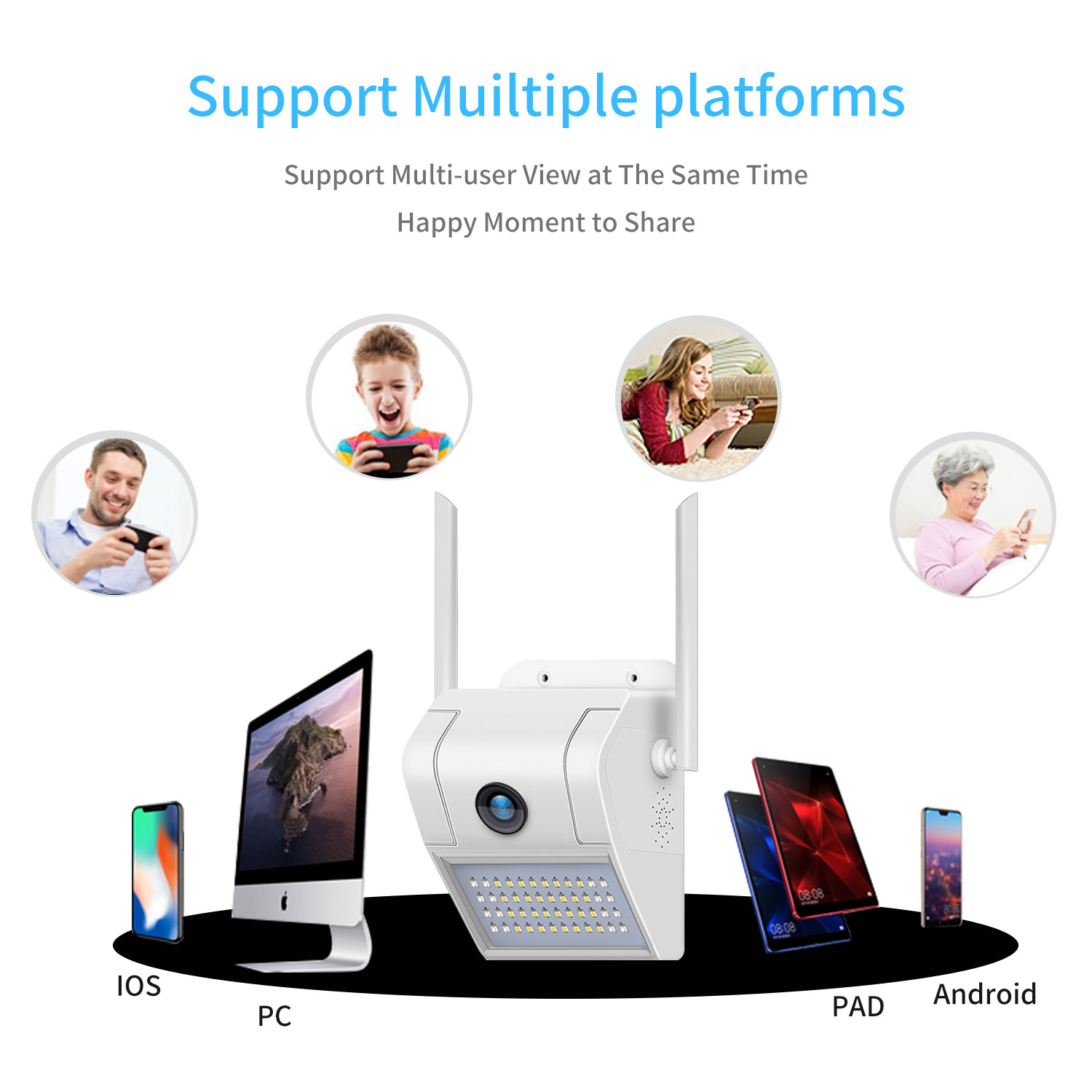 H.265 2MP wide angle view two way audio 2.8mm lens WiFi 20m ir distance TF card slot Dual light source courtyard camera
