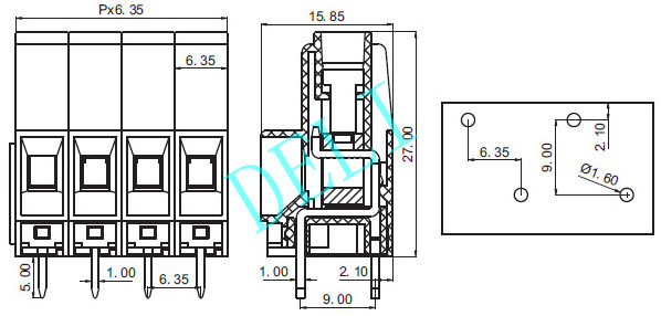 2P-24P 600V 30A PCB Connector , Screw Terminal Block 6.0mm2 DL133A-XX-6.35mm Pitch