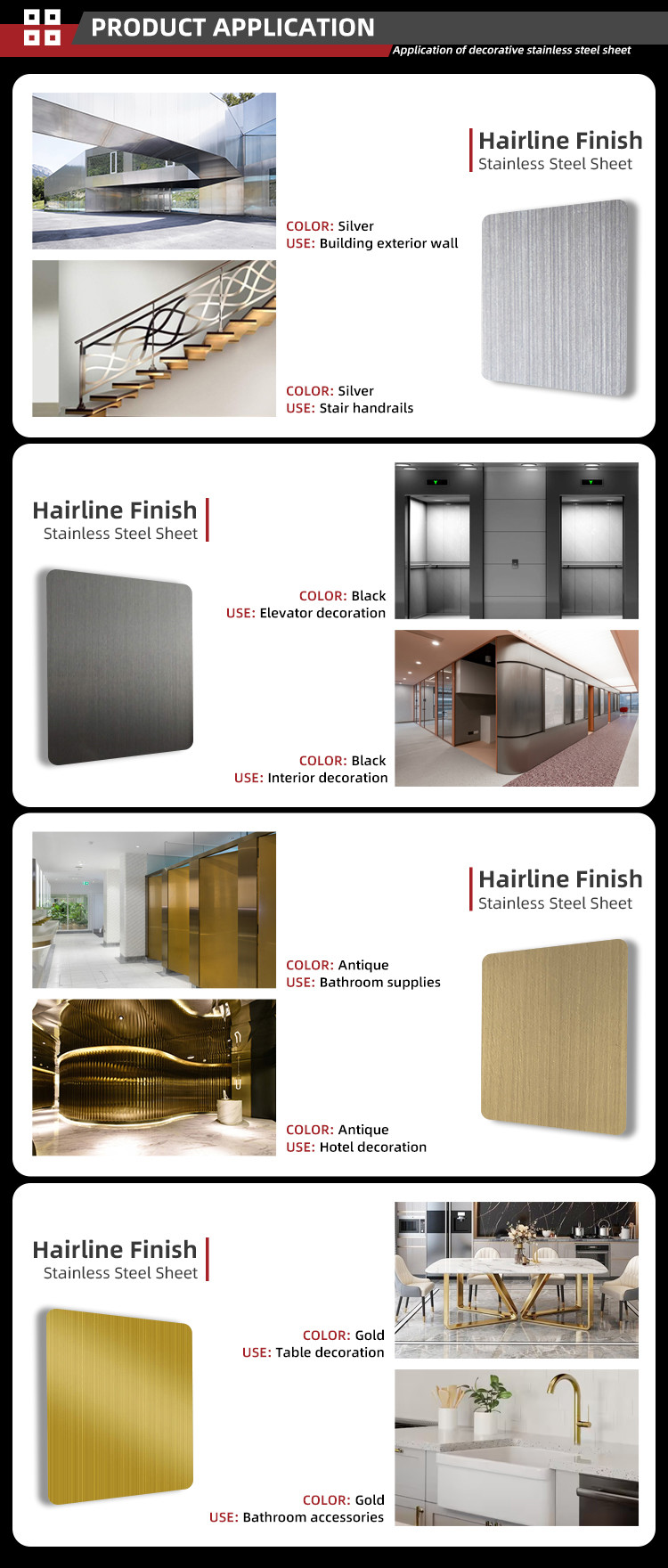 ASTM 304 316 Decorative Metal Sheets Hairline #4 Finish PVD Color 4x8 Brushed Stainless Steel Sheet