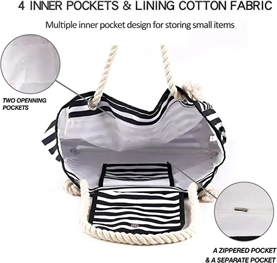 Custom Printed Waterproof Stripe Cotton Canvas Beach Bag With Grommet Rope Handle