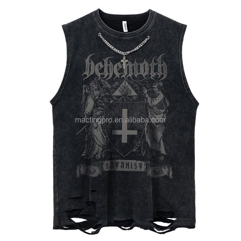 Custom Logo Streetwear Cut Raw Hem Tank Tops for Casual Daily Life Vintage Acid Wash