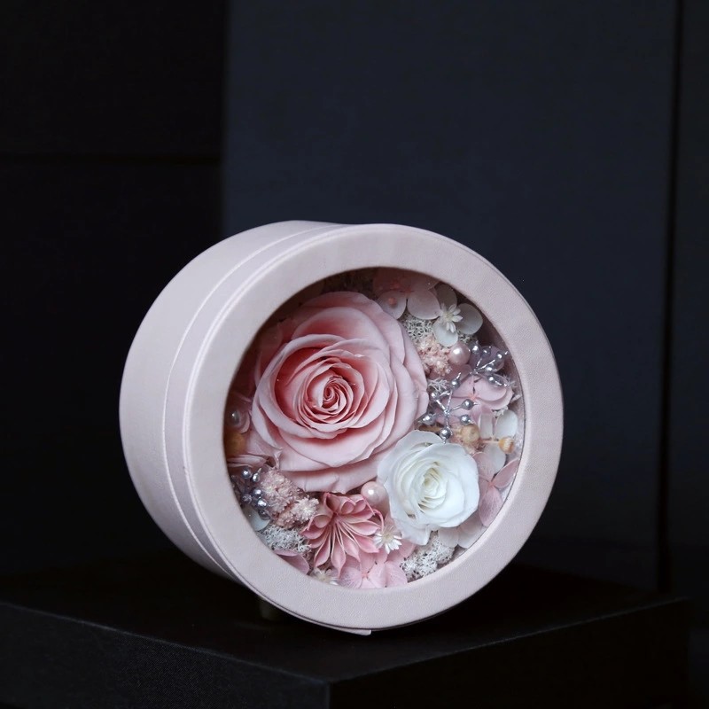 New design long life flowers round leather box preserved rose gift for lover rose gift
