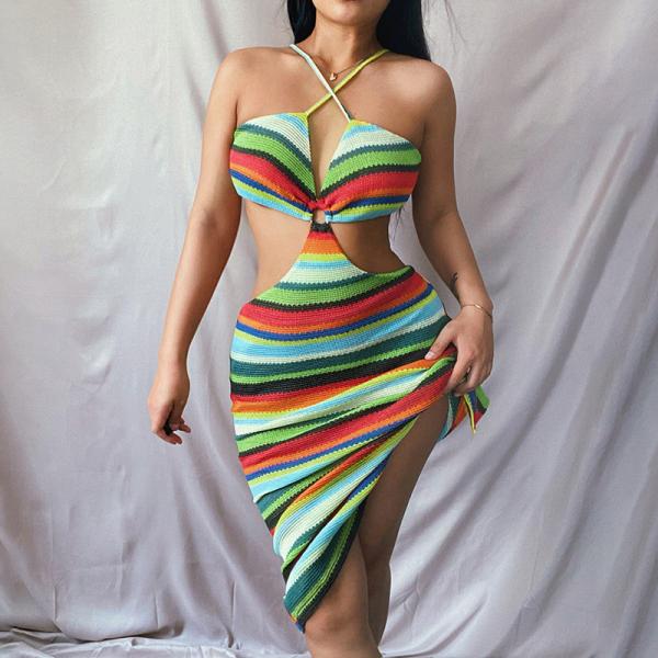 European and American sexy colorful striped hollow halter beach holiday