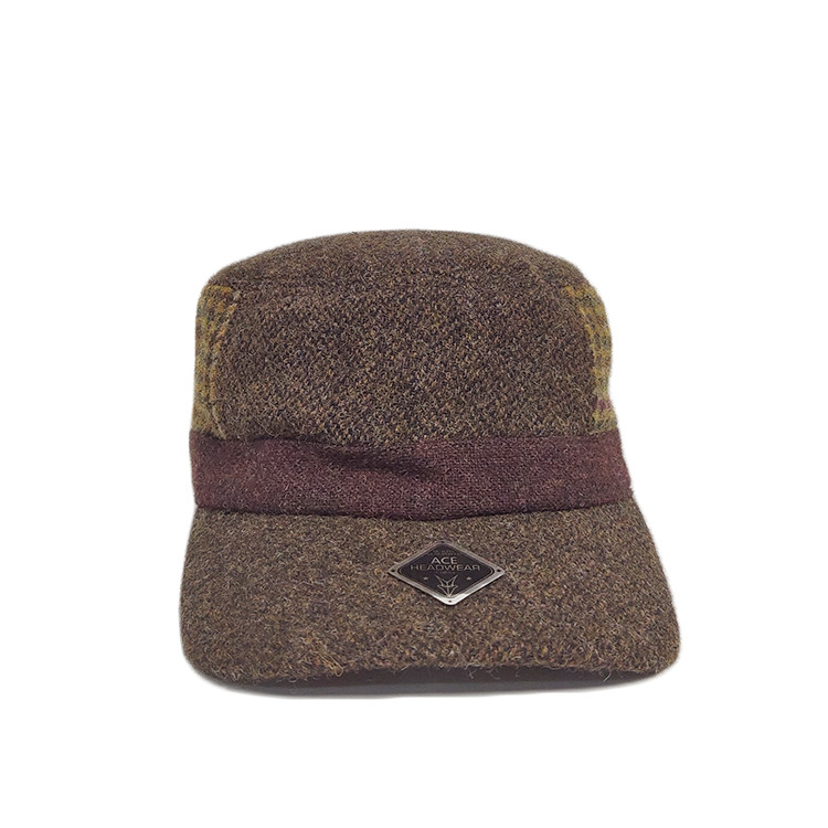 Hot sale wool Customized grid the side blank Flex fit Military Cadet Cap sports Hats Caps