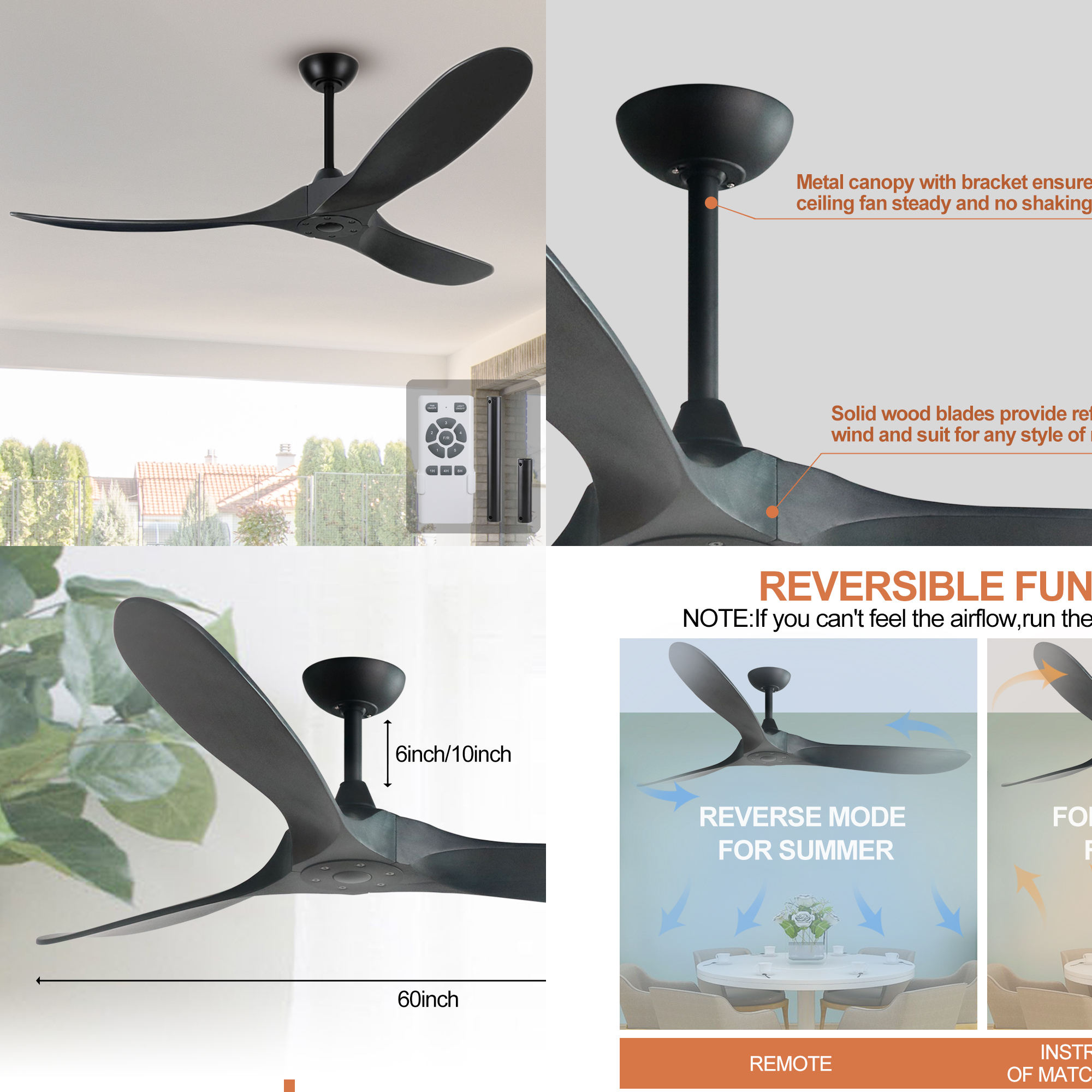 Manufacturer 110V 220V AC Solid 3 Blade Wooden Ceiling Fan 52 Inch 56 Inch 60 Inch With Light