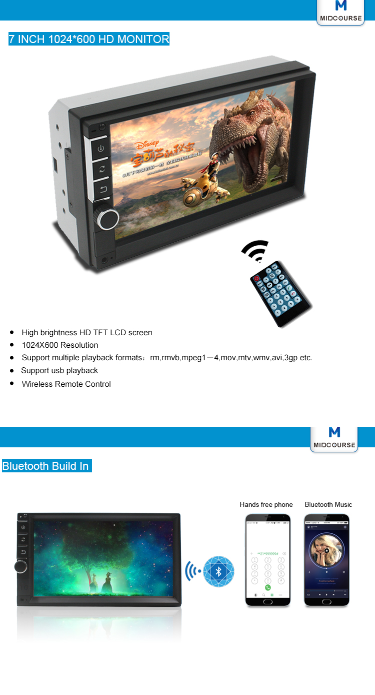 High Quality Bluetooth 2 Din 7 Inch Touch screen Car Stereo with Reversing Camera