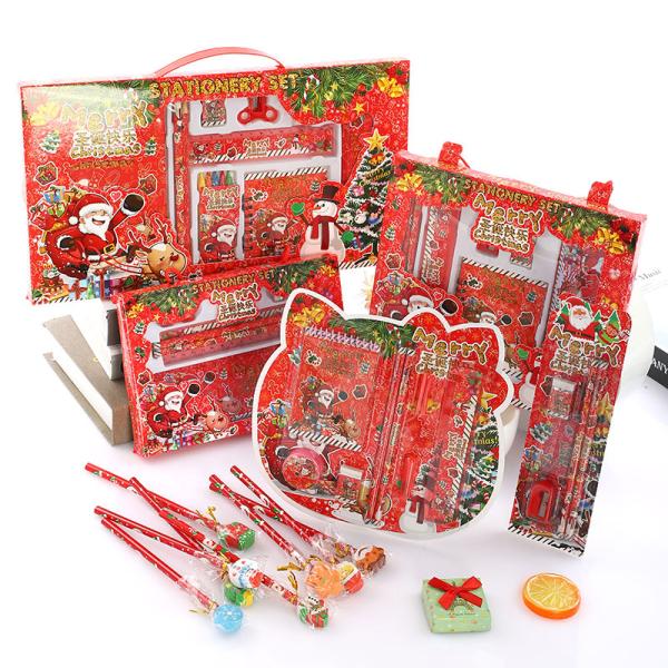 Children School Supplies Christmas Cartoon Eraser Pencil Set with Red Wood Pencils