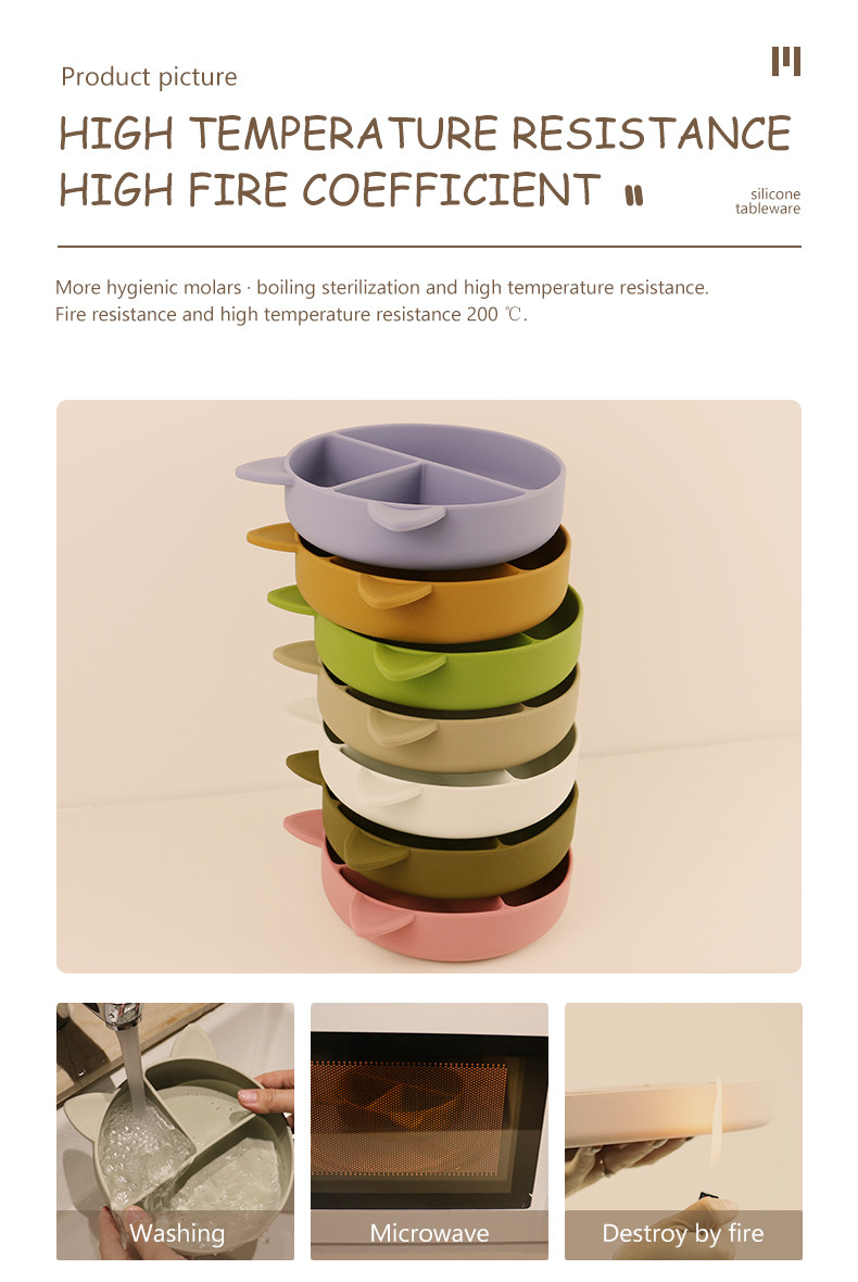 Food Grade Silicone Baby Cat Divided Plate Feeding Bowl Cartoon Fox Dishes Suction