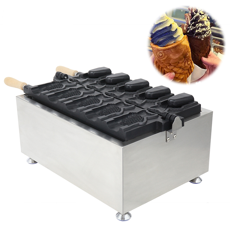 Electric Japanese Snack Machine for 5pcs Taiyaki Fish Waffle Maker and Ice Cream Cone