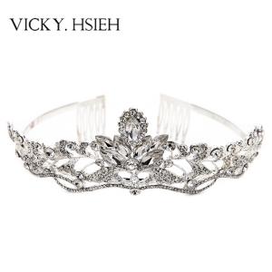 China VICKY.HSIEH Wedding Elegant Opalescent Stone Tiara Rhinestone Crystal Bridal Headband with Combs wholesale