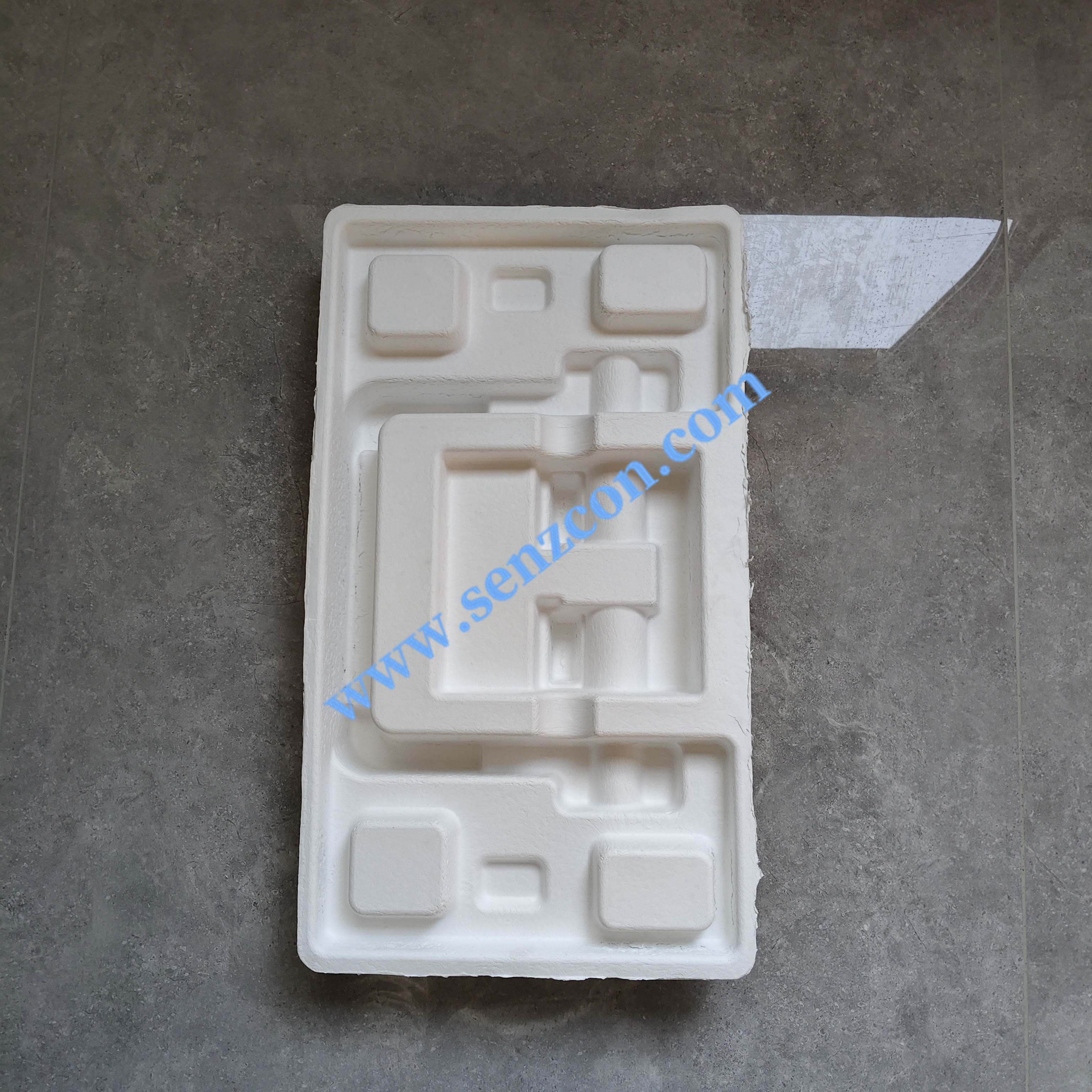 The dry-pressed pulp molded packaging made of white sugarcane pulp, which is customized by the manufacturer for fitness equipment.