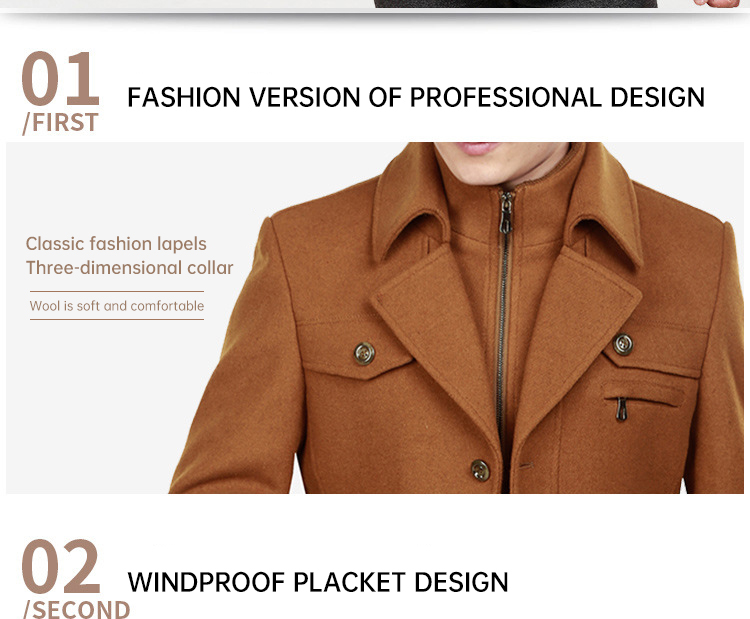 Men's Wool Cloth Thicken Coat with Full Size and 100% Polyester Filling Material