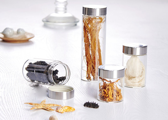 Portable Small Sealable Glass Jars With Lids 180ml 330ml 500ml Cylindrical Shape