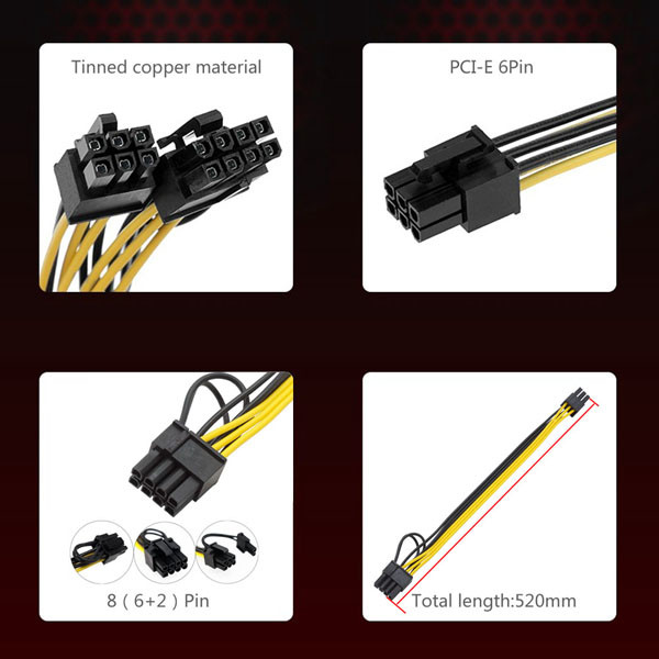 16AWG 6 Pin To 8 Pin PCIE Cable For GPU PSU Breakout Board 50CM Length
