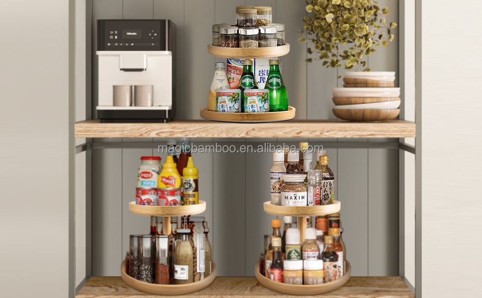 Standing Type 2 Tier Natural Bamboo Lazy Susan Turntable Organizer for Modern Kitchen