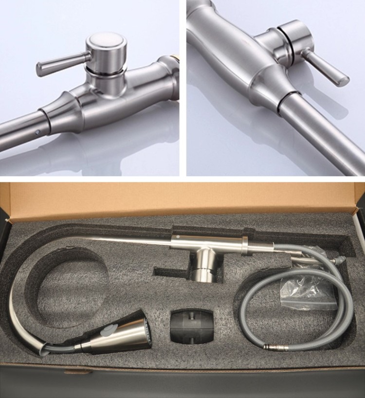 Brushed Stainless Steel Kitchen Faucet Hot Cold Pull Out Sink Mixer