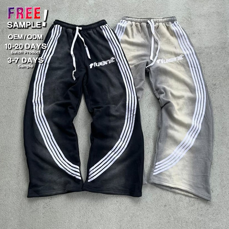 Oem Custom Embroidery Print Logo 100 Cotton Heavyweight Striped Acid Wash Stacked Flared Sweat Pants Track Pant Sweatpants Men