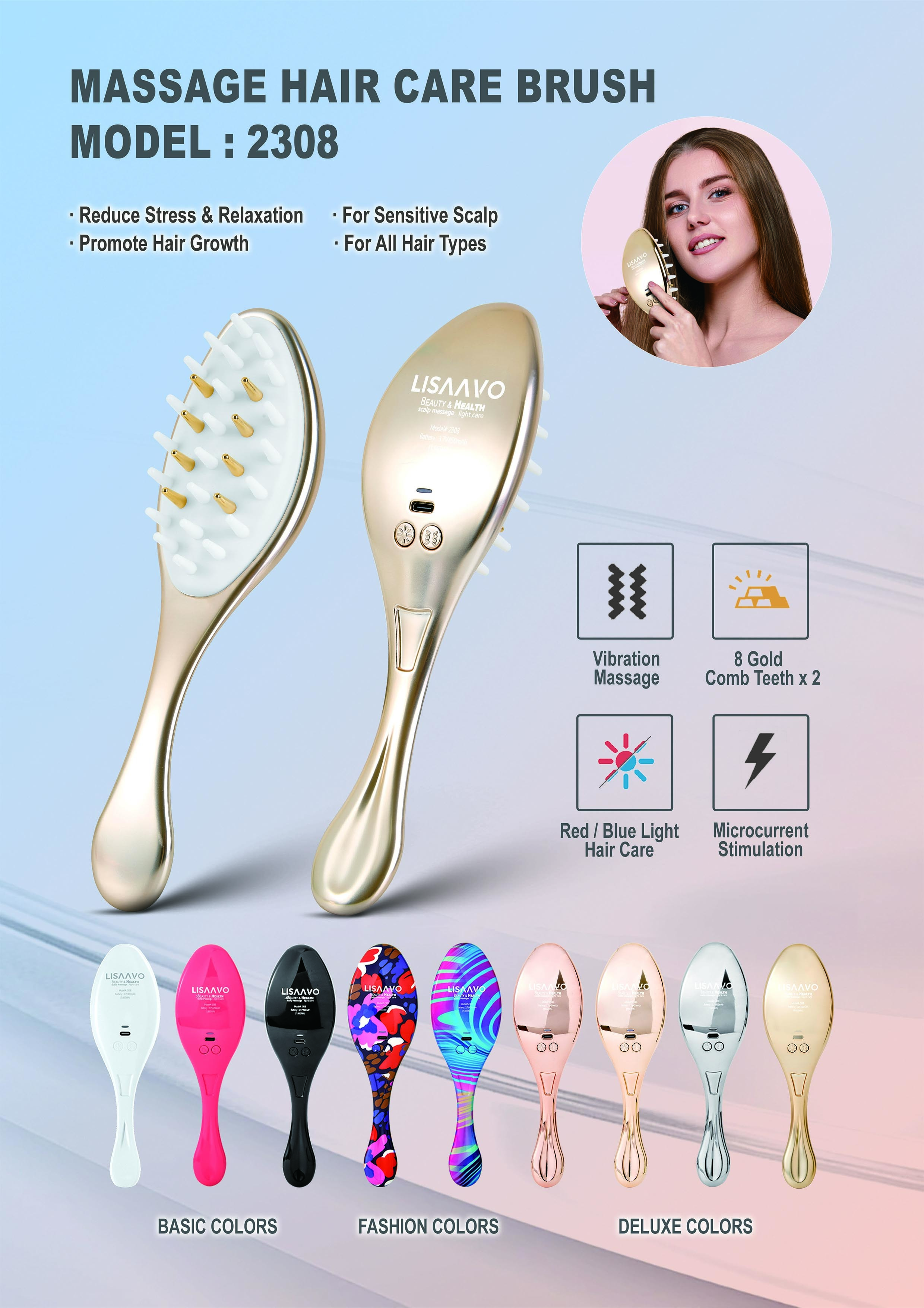 450mAh 3.7V Rechargeable Hair Brush EMS 450nm Blue LED Therapy Comb
