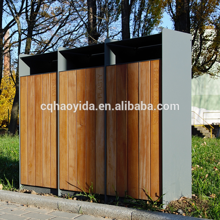 Outdoor steel dust Trash bin Metal wooden recycling bin commercial trash can