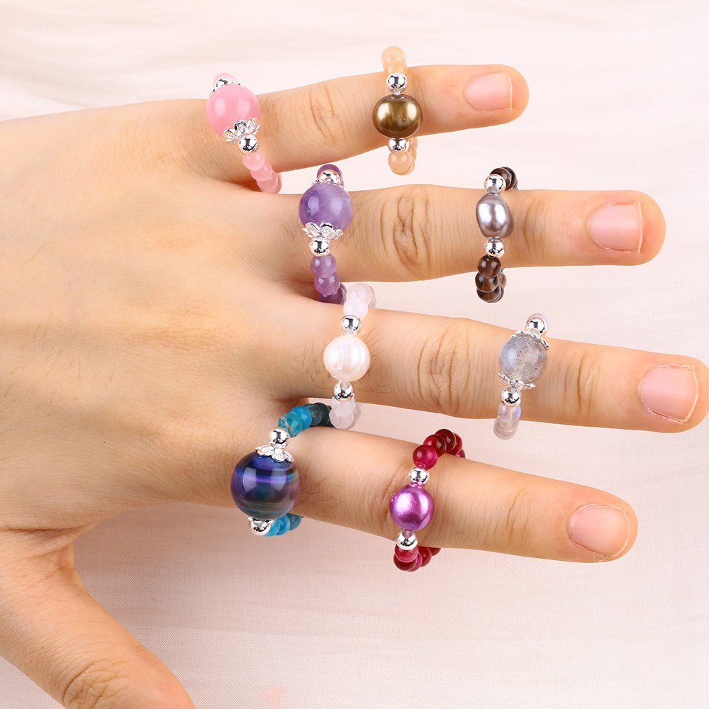 4mm Handmade Gemstone Beaded Ring Adjustable Elastic Sodalite Stone Ring For Party Daily Wearing