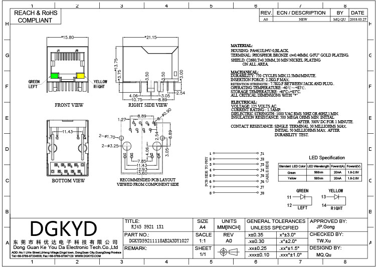 DGKYD59211118AB2A3DY1027 PA46 Housing 8P10C 21.15mm RJ45 Modular Jack With LED