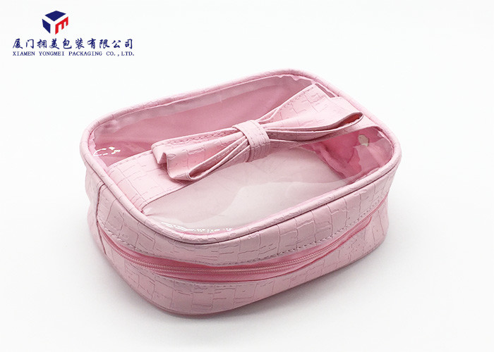 Embossed Pink PU Leather Bag Super Clear Soft PVC Window Leather Cosmetic Bag